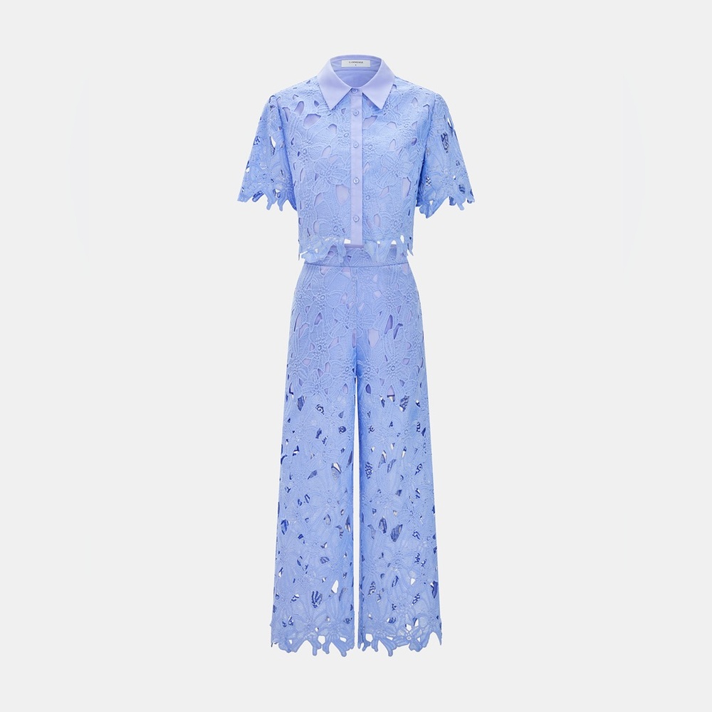 Commense Cutout Lace Short Sleeve Top & Pants Set